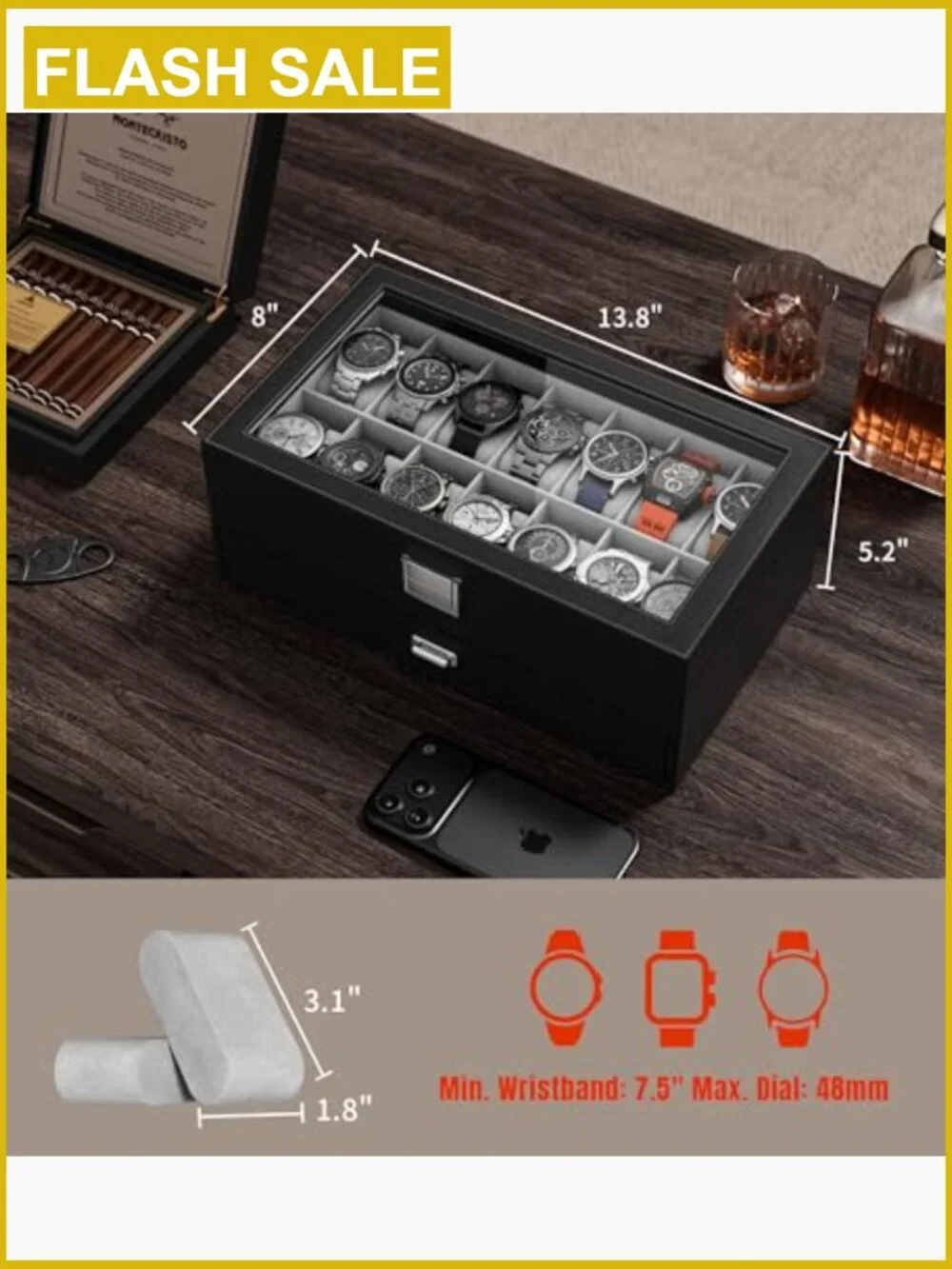 14-Slot Watch Display Case with Glass Lid, Double Layer PU Leather Storage,
